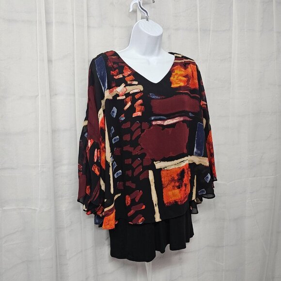 Joseph A Black Rust Layered Blouse Abstract Retro Artsy XL - Picture 4 of 12